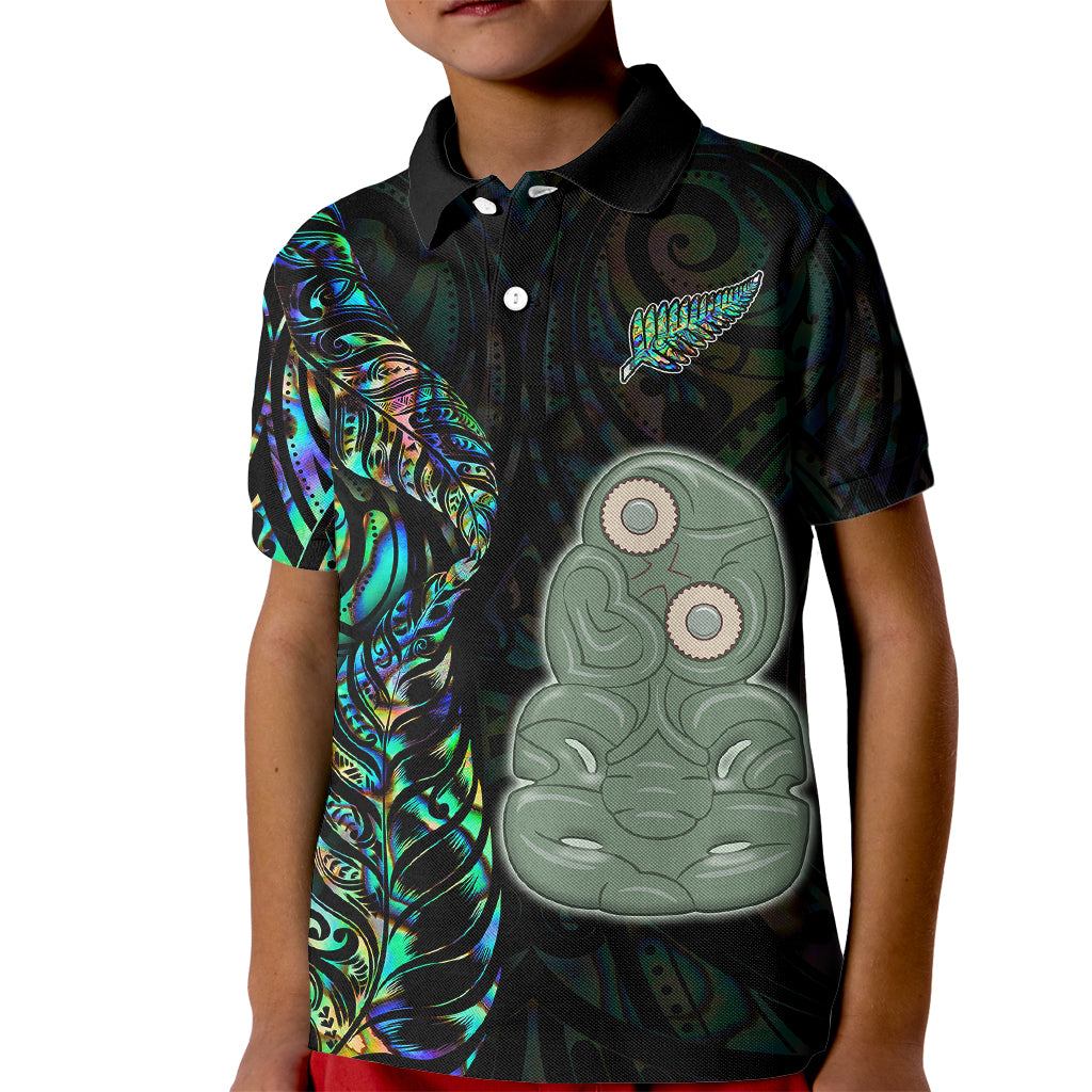 Custom New Zealand Kid Polo Shirt Silver Fern and Hei Tiki with Papua Shell Maori Tribal LT03 Kid Black - Polynesian Pride