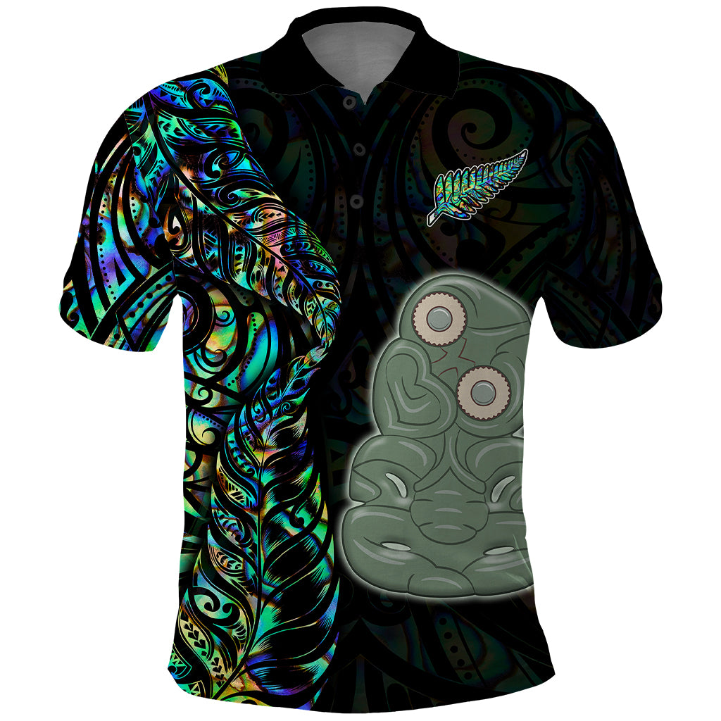 Custom New Zealand Polo Shirt Silver Fern and Hei Tiki with Papua Shell Maori Tribal LT03 Black - Polynesian Pride