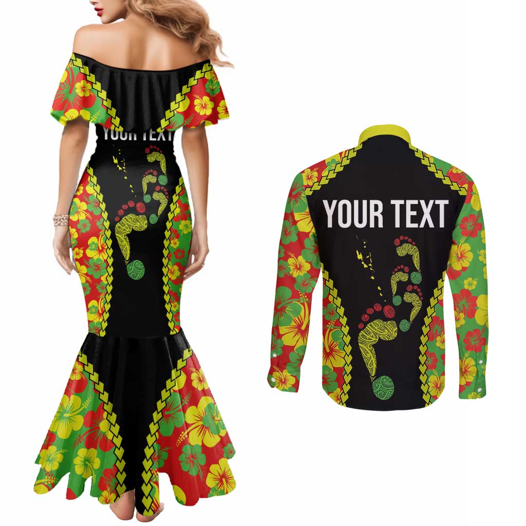 Personalised Vanuatu Running Couples Matching Mermaid Dress and Long Sleeve Button Shirt Footprint and Hibiscus Polynesian Style