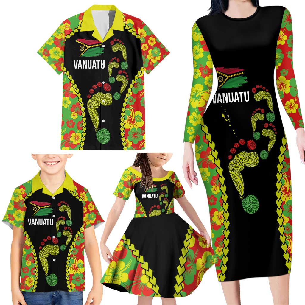Personalised Vanuatu Running Family Matching Long Sleeve Bodycon Dress and Hawaiian Shirt Footprint and Hibiscus Polynesian Style LT03 - Polynesian Pride