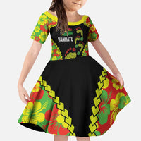 Personalised Vanuatu Running Family Matching Mermaid Dress and Hawaiian Shirt Footprint and Hibiscus Polynesian Style LT03 Daughter's Dress Black - Polynesian Pride
