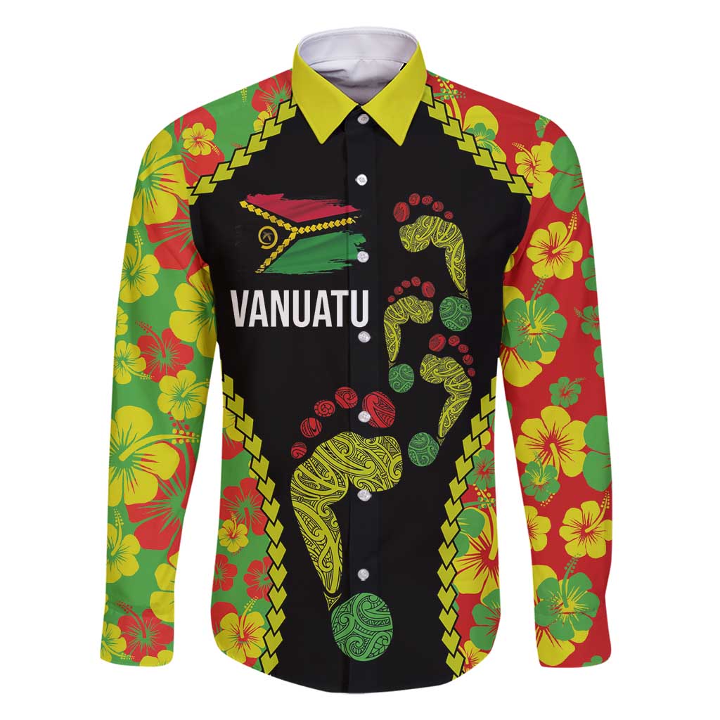 Personalised Vanuatu Running Family Matching Mermaid Dress and Hawaiian Shirt Footprint and Hibiscus Polynesian Style LT03 Dad's Shirt - Long Sleeve Black - Polynesian Pride