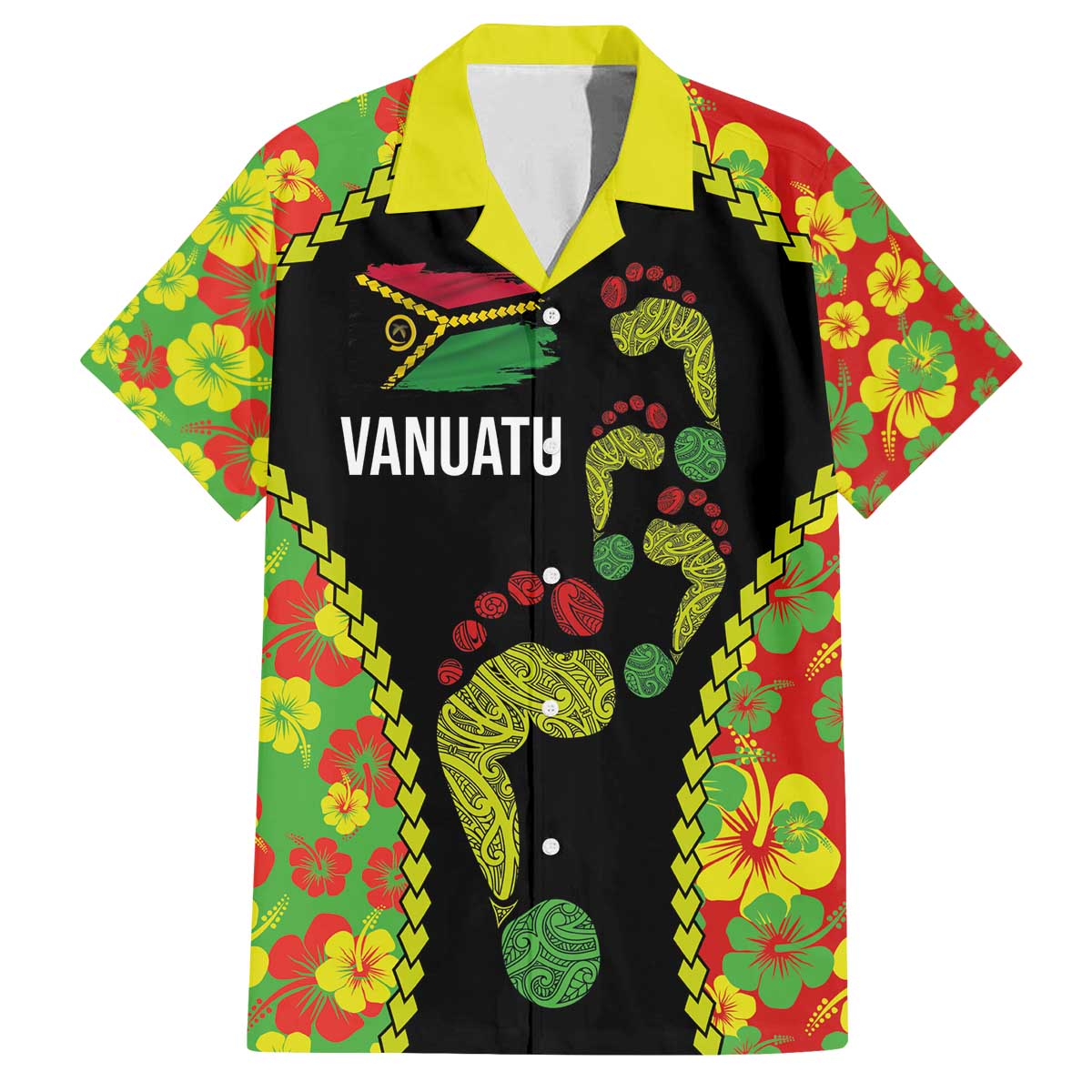 Personalised Vanuatu Running Family Matching Puletasi and Hawaiian Shirt Footprint and Hibiscus Polynesian Style LT03 Dad's Shirt - Short Sleeve Black - Polynesian Pride