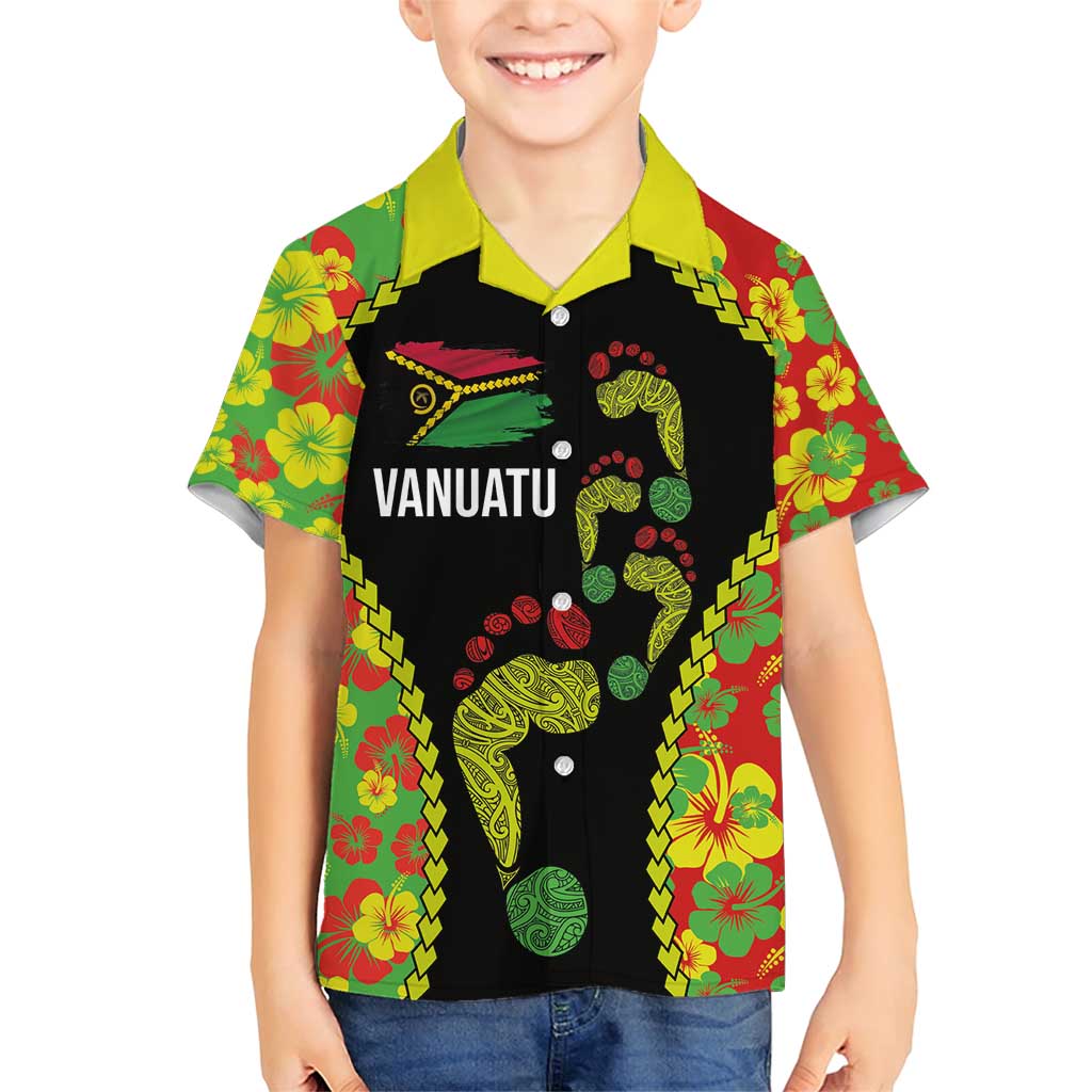 Personalised Vanuatu Running Family Matching Short Sleeve Bodycon Dress and Hawaiian Shirt Footprint and Hibiscus Polynesian Style LT03 Son's Shirt Black - Polynesian Pride