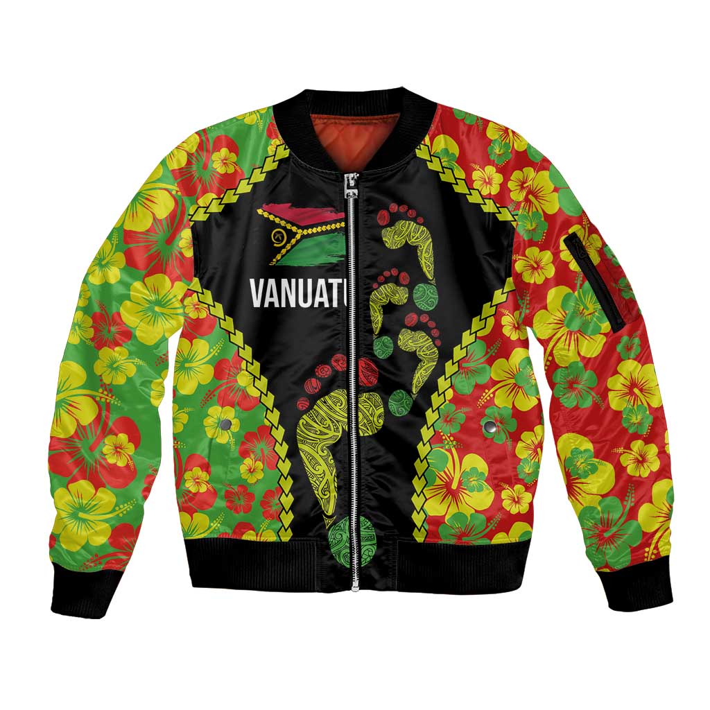 Personalised Vanuatu Running Sleeve Zip Bomber Jacket Footprint and Hibiscus Polynesian Style