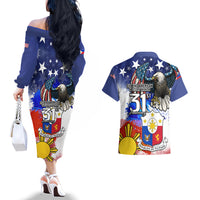 Filipino American History Month Couples Matching Off The Shoulder Long Sleeve Dress and Hawaiian Shirt Filipino Coat Of Arms and American Eagle Splash Style LT03 - Polynesian Pride