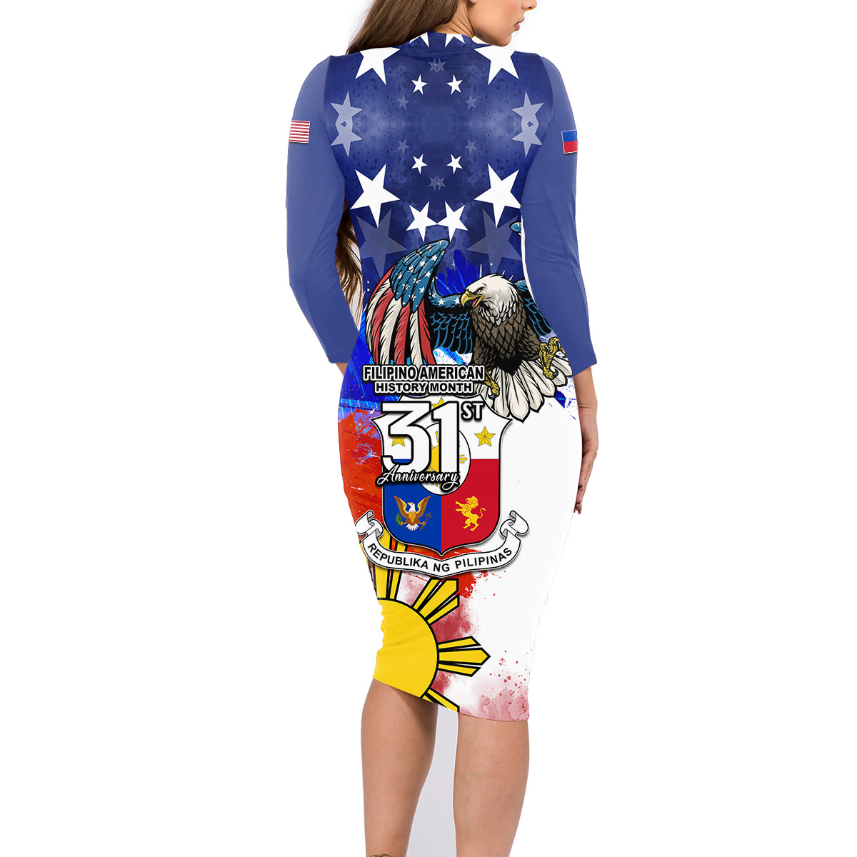 Filipino American History Month Family Matching Long Sleeve Bodycon Dress and Hawaiian Shirt Filipino Coat Of Arms and American Eagle Splash Style LT03 - Polynesian Pride