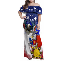 Filipino American History Month Family Matching Off Shoulder Maxi Dress and Hawaiian Shirt Filipino Coat Of Arms and American Eagle Splash Style LT03 Mom's Dress Blue - Polynesian Pride