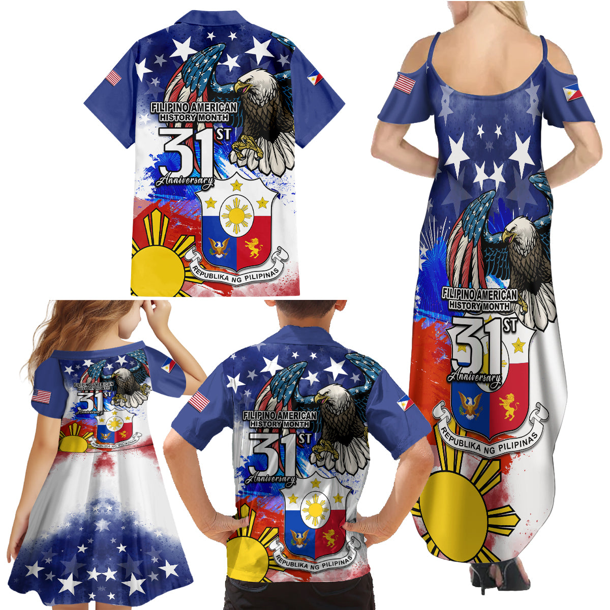 Filipino American History Month Family Matching Summer Maxi Dress and Hawaiian Shirt Filipino Coat Of Arms and American Eagle Splash Style LT03 - Polynesian Pride