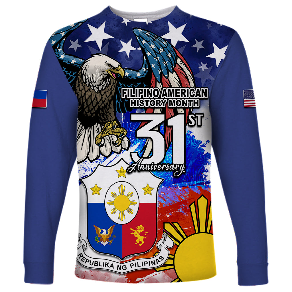 Filipino American History Month Long Sleeve Shirt Filipino Coat Of Arms and American Eagle Splash Style LT03 Unisex Blue - Polynesian Pride