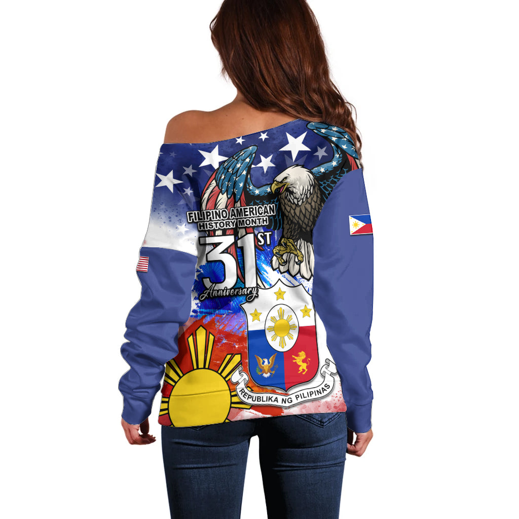 Filipino American History Month Off Shoulder Sweater Filipino Coat Of Arms and American Eagle Splash Style LT03 - Polynesian Pride