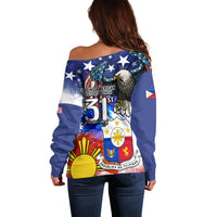 Filipino American History Month Off Shoulder Sweater Filipino Coat Of Arms and American Eagle Splash Style LT03 - Polynesian Pride