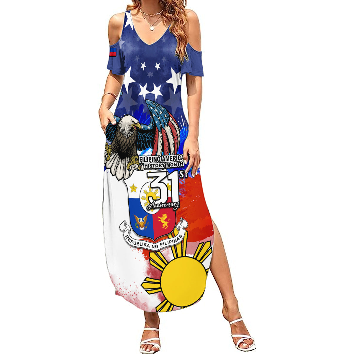 Filipino American History Month Summer Maxi Dress Filipino Coat Of Arms and American Eagle Splash Style LT03 Women Blue - Polynesian Pride