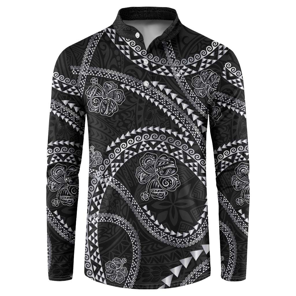 Hawaiian Kakau Art and Hisbiscus Tattoo Button Sweatshirt Tribal Pattern-Silver Style LT03 Black - Polynesian Pride