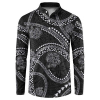 Hawaiian Kakau Art and Hisbiscus Tattoo Button Sweatshirt Tribal Pattern-Silver Style LT03 Black - Polynesian Pride