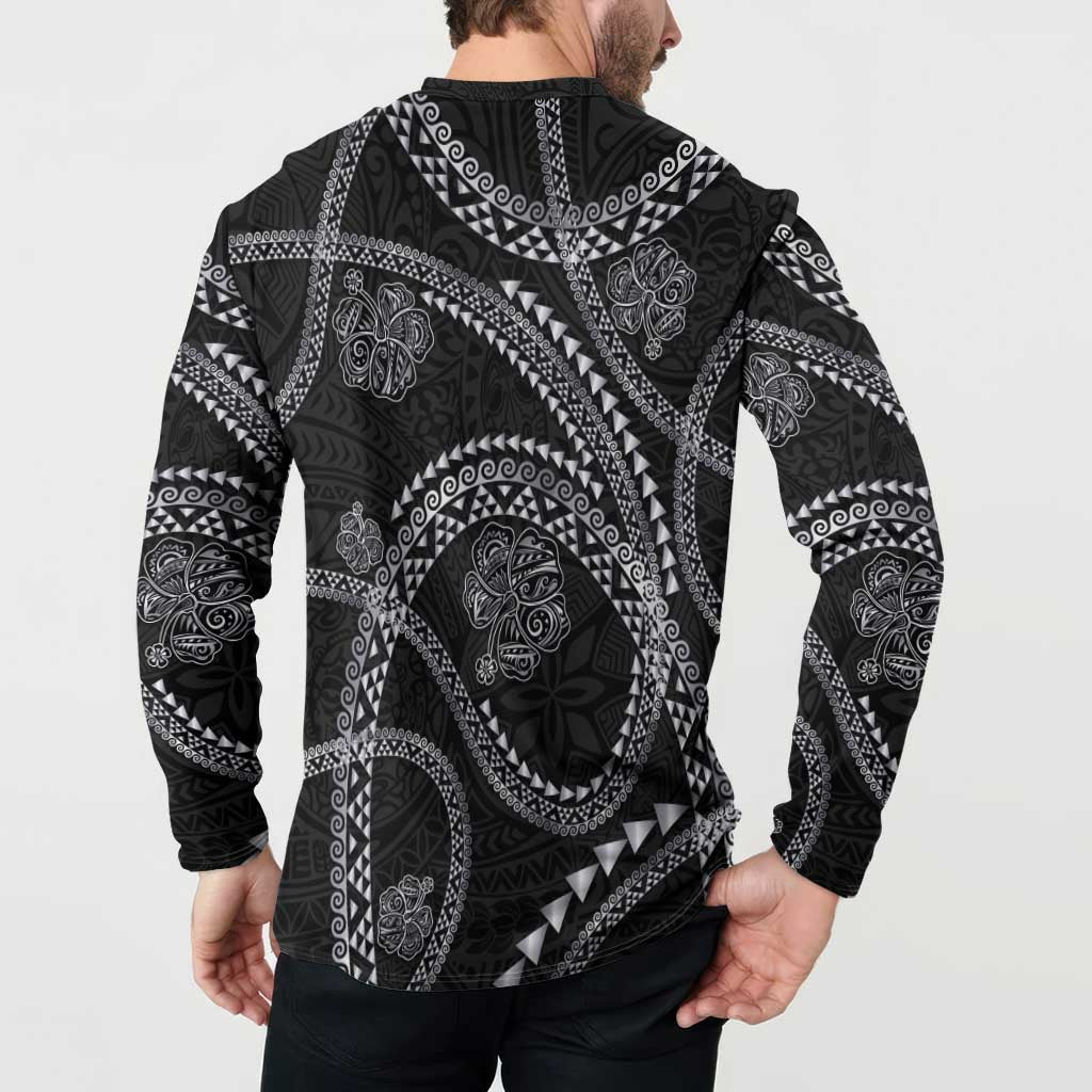 Hawaiian Kakau Art and Hisbiscus Tattoo Button Sweatshirt Tribal Pattern-Silver Style LT03 - Polynesian Pride