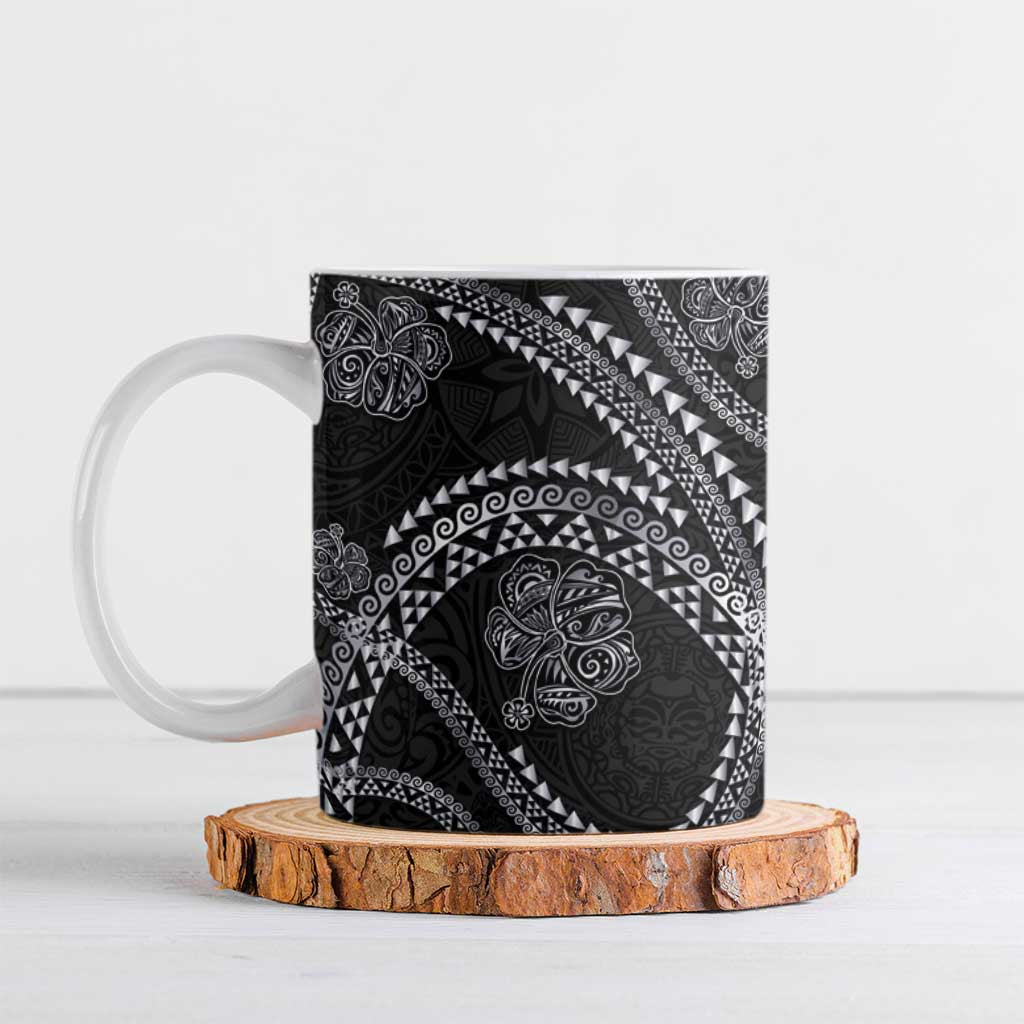 Hawaiian Kakau Art and Hisbiscus Tattoo Ceramic Mug Tribal Pattern-Silver Style - Polynesian Pride