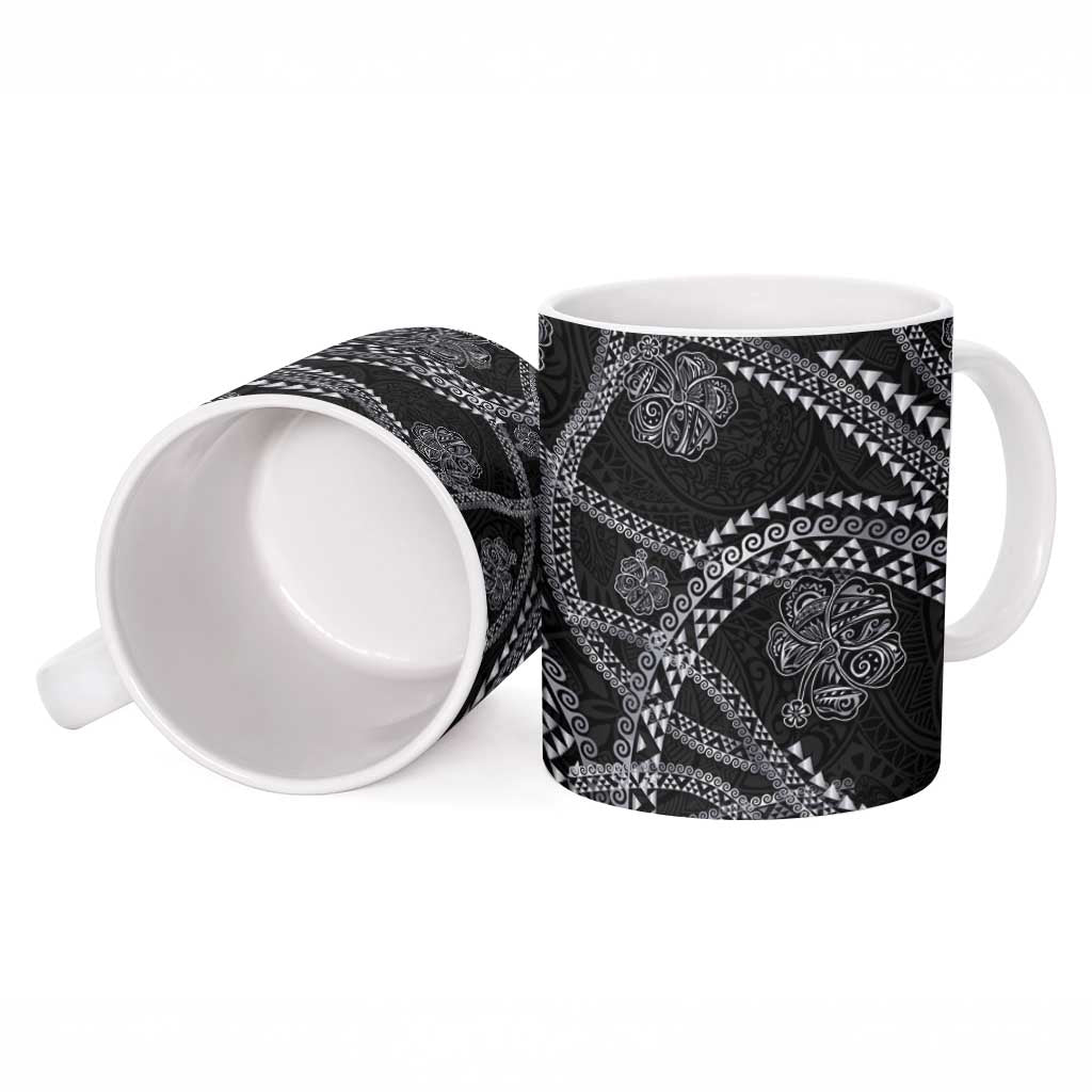 Hawaiian Kakau Art and Hisbiscus Tattoo Ceramic Mug Tribal Pattern-Silver Style - Polynesian Pride