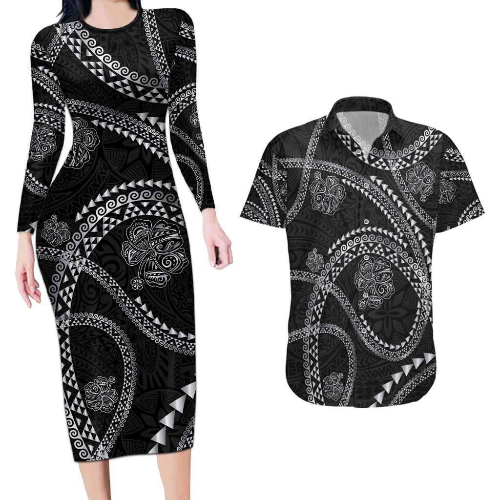 Hawaiian Kakau Art and Hisbiscus Tattoo Couples Matching Long Sleeve Bodycon Dress and Hawaiian Shirt Tribal Pattern-Silver Style - Polynesian Pride