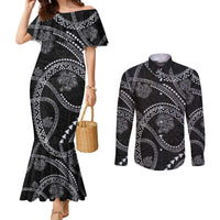 Hawaiian Kakau Art and Hisbiscus Tattoo Couples Matching Mermaid Dress and Long Sleeve Button Shirt Tribal Pattern-Silver Style LT03 Black - Polynesian Pride