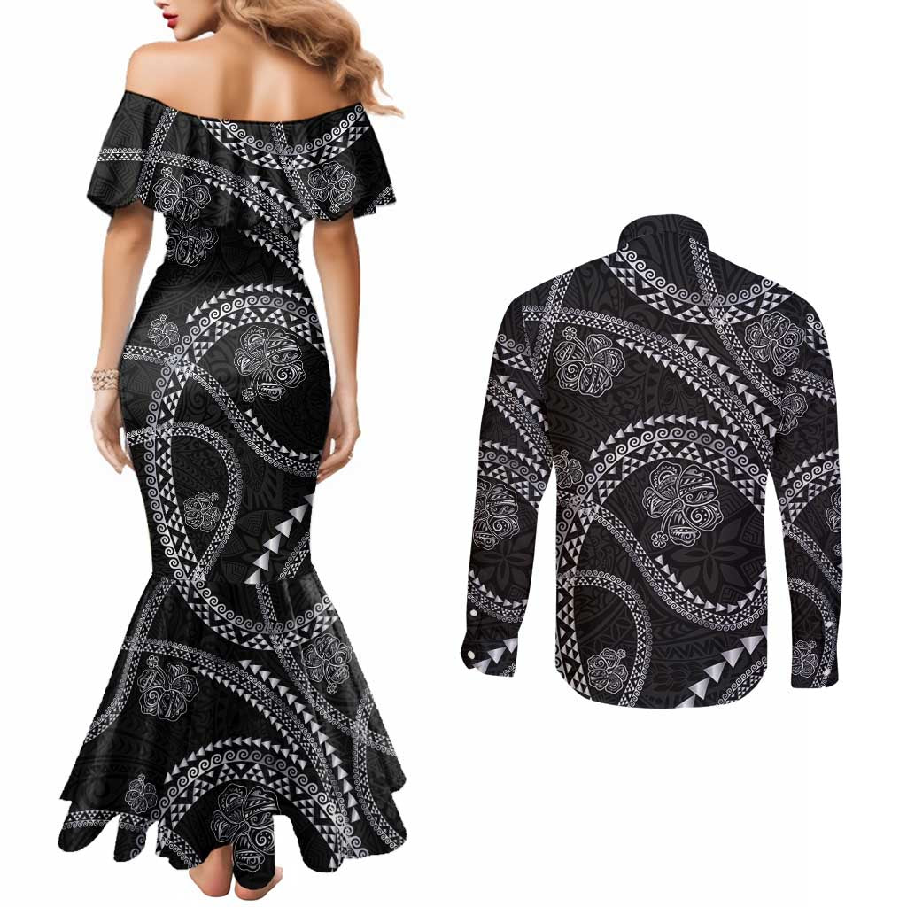 Hawaiian Kakau Art and Hisbiscus Tattoo Couples Matching Mermaid Dress and Long Sleeve Button Shirt Tribal Pattern-Silver Style LT03 - Polynesian Pride