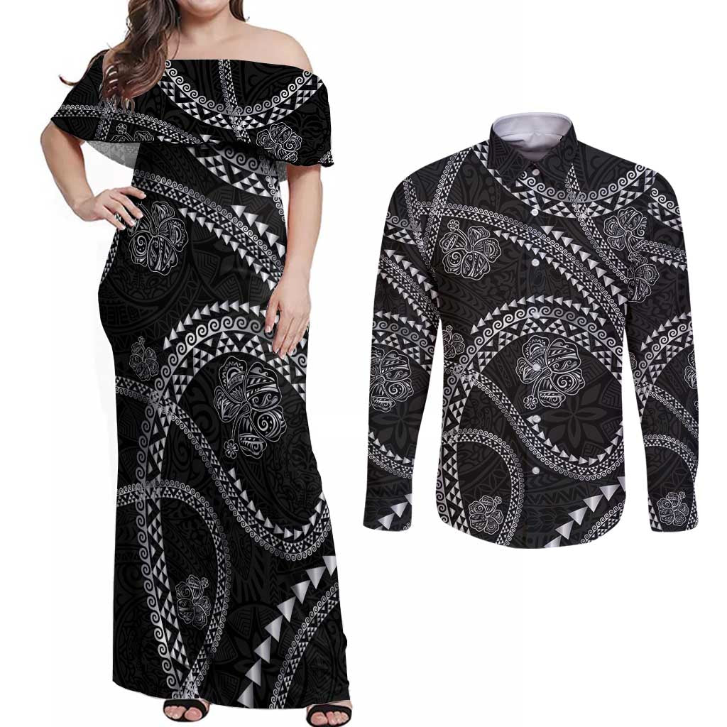 Hawaiian Kakau Art and Hisbiscus Tattoo Couples Matching Off Shoulder Maxi Dress and Long Sleeve Button Shirt Tribal Pattern-Silver Style - Polynesian Pride