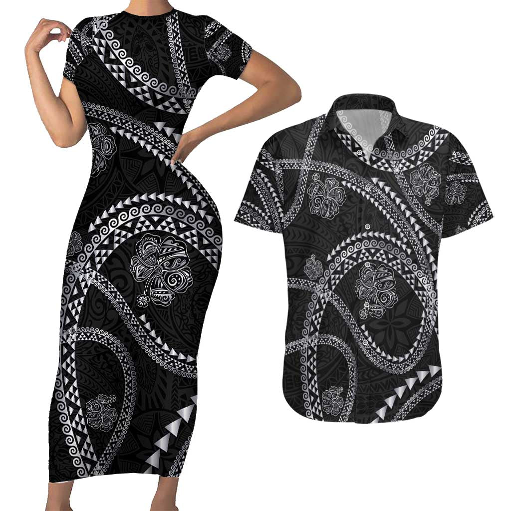 Hawaiian Kakau Art and Hisbiscus Tattoo Couples Matching Short Sleeve Bodycon Dress and Hawaiian Shirt Tribal Pattern-Silver Style LT03 Black - Polynesian Pride