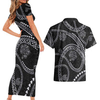 Hawaiian Kakau Art and Hisbiscus Tattoo Couples Matching Short Sleeve Bodycon Dress and Hawaiian Shirt Tribal Pattern-Silver Style LT03 - Polynesian Pride