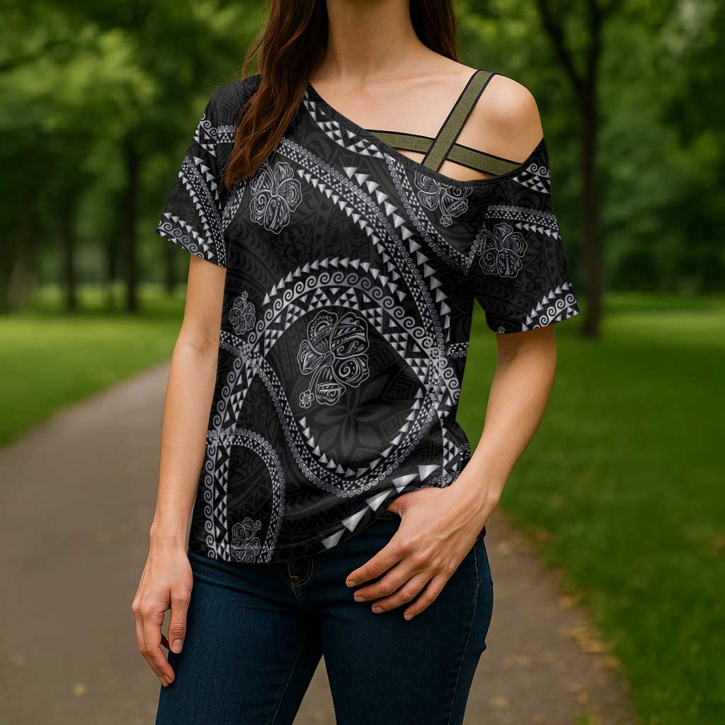 Hawaiian Kakau Art and Hisbiscus Tattoo Cross Shoulder Shirt Tribal Pattern-Silver Style - Polynesian Pride