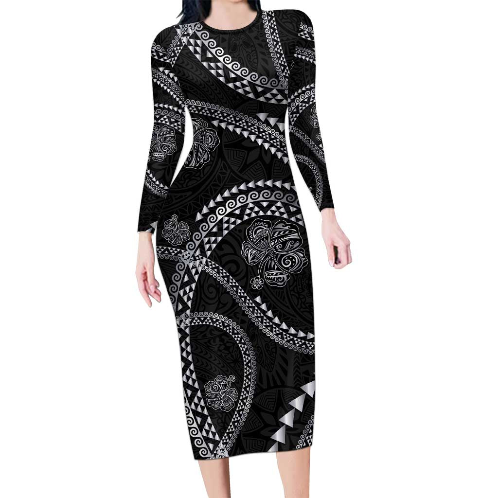 Hawaiian Kakau Art and Hisbiscus Tattoo Family Matching Long Sleeve Bodycon Dress and Hawaiian Shirt Tribal Pattern-Silver Style LT03 Mom's Dress Black - Polynesian Pride