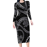 Hawaiian Kakau Art and Hisbiscus Tattoo Family Matching Long Sleeve Bodycon Dress and Hawaiian Shirt Tribal Pattern-Silver Style LT03 Mom's Dress Black - Polynesian Pride