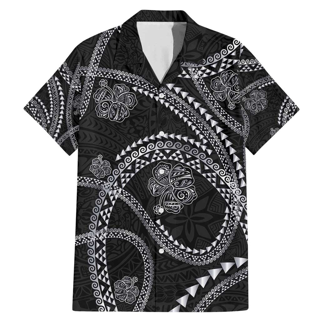 Hawaiian Kakau Art and Hisbiscus Tattoo Family Matching Mermaid Dress and Hawaiian Shirt Tribal Pattern-Silver Style LT03 Dad's Shirt - Short Sleeve Black - Polynesian Pride