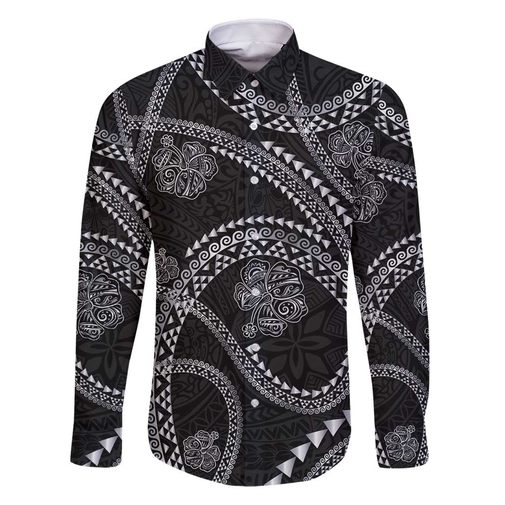 Hawaiian Kakau Art and Hisbiscus Tattoo Family Matching Mermaid Dress and Hawaiian Shirt Tribal Pattern-Silver Style LT03 Dad's Shirt - Long Sleeve Black - Polynesian Pride
