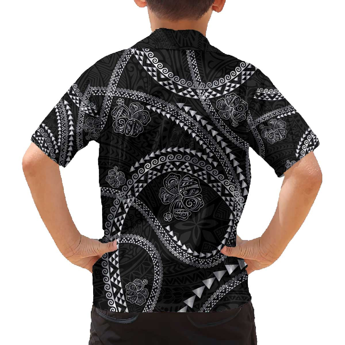 Hawaiian Kakau Art and Hisbiscus Tattoo Family Matching Off The Shoulder Long Sleeve Dress and Hawaiian Shirt Tribal Pattern-Silver Style - Polynesian Pride