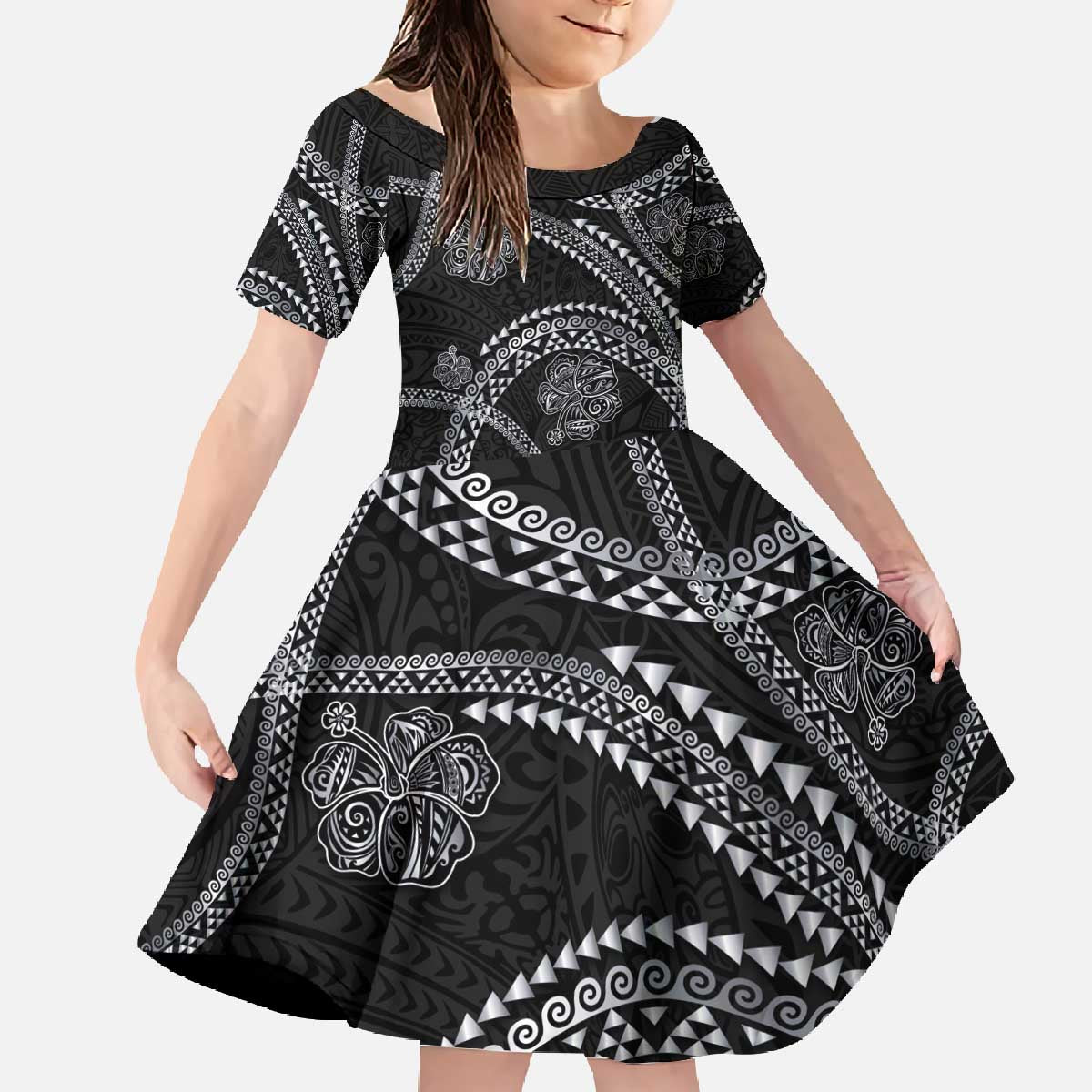 Hawaiian Kakau Art and Hisbiscus Tattoo Family Matching Off The Shoulder Long Sleeve Dress and Hawaiian Shirt Tribal Pattern-Silver Style - Polynesian Pride