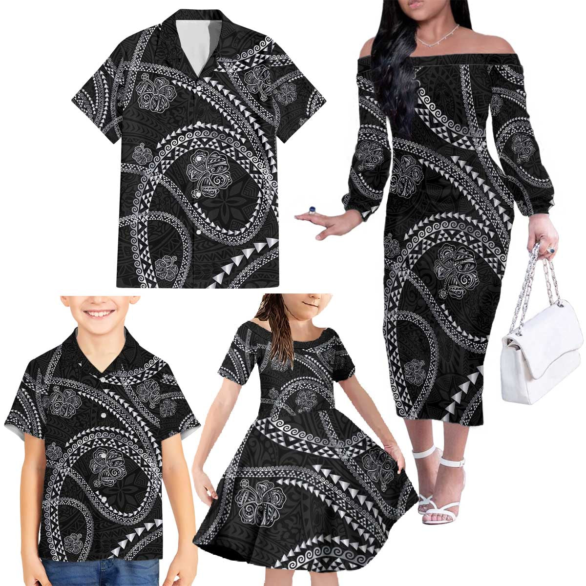 Hawaiian Kakau Art and Hisbiscus Tattoo Family Matching Off The Shoulder Long Sleeve Dress and Hawaiian Shirt Tribal Pattern-Silver Style - Polynesian Pride