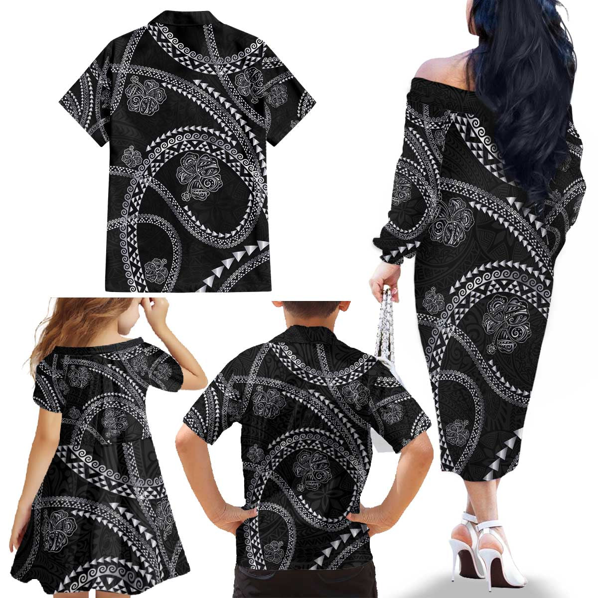 Hawaiian Kakau Art and Hisbiscus Tattoo Family Matching Off The Shoulder Long Sleeve Dress and Hawaiian Shirt Tribal Pattern-Silver Style - Polynesian Pride