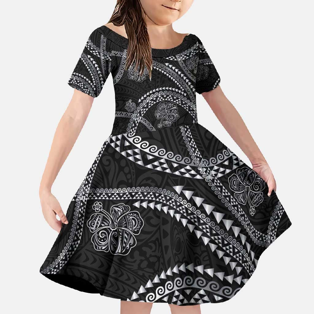Hawaiian Kakau Art and Hisbiscus Tattoo Family Matching Off Shoulder Maxi Dress and Hawaiian Shirt Tribal Pattern-Silver Style LT03 Daughter's Dress Black - Polynesian Pride