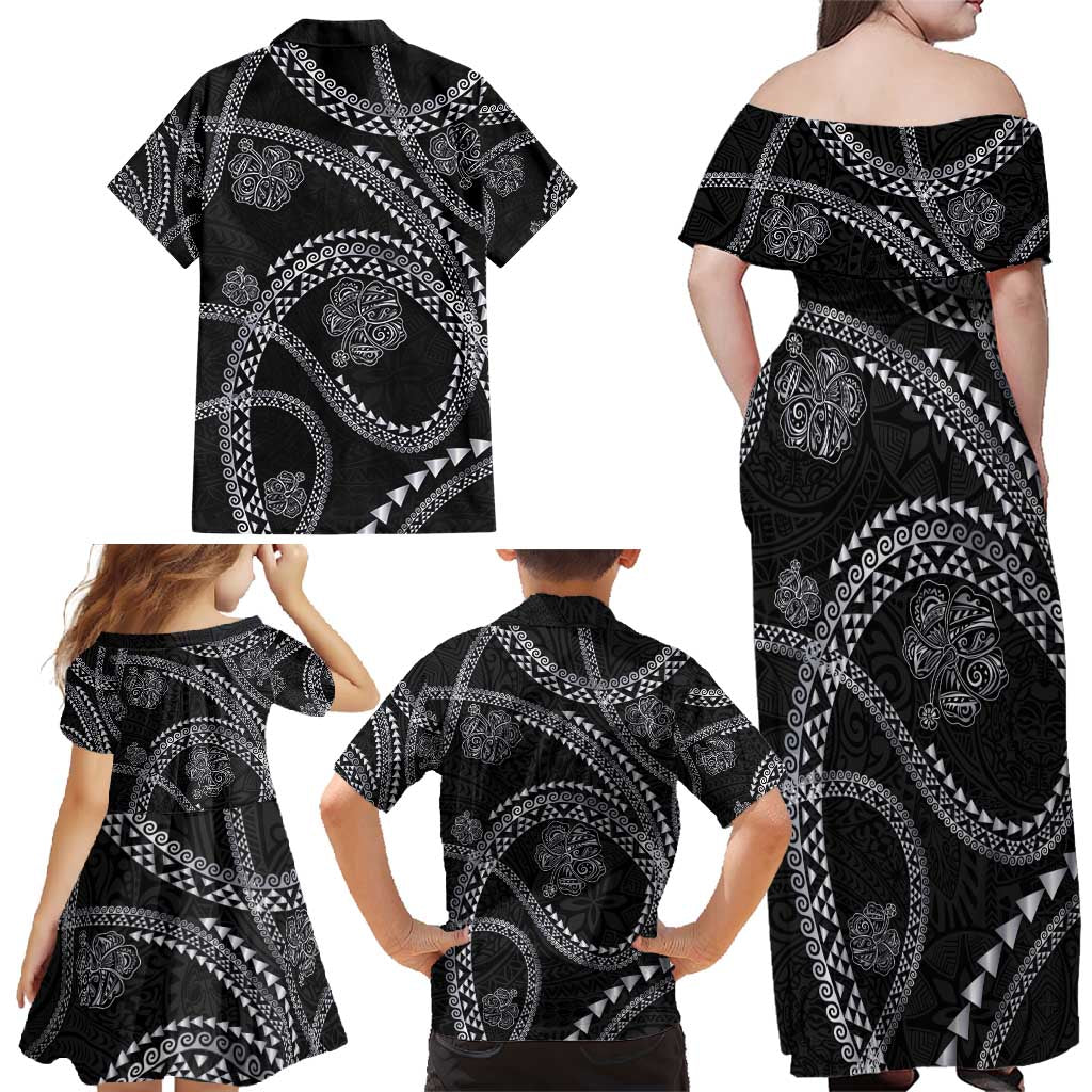 Hawaiian Kakau Art and Hisbiscus Tattoo Family Matching Off Shoulder Maxi Dress and Hawaiian Shirt Tribal Pattern-Silver Style LT03 - Polynesian Pride
