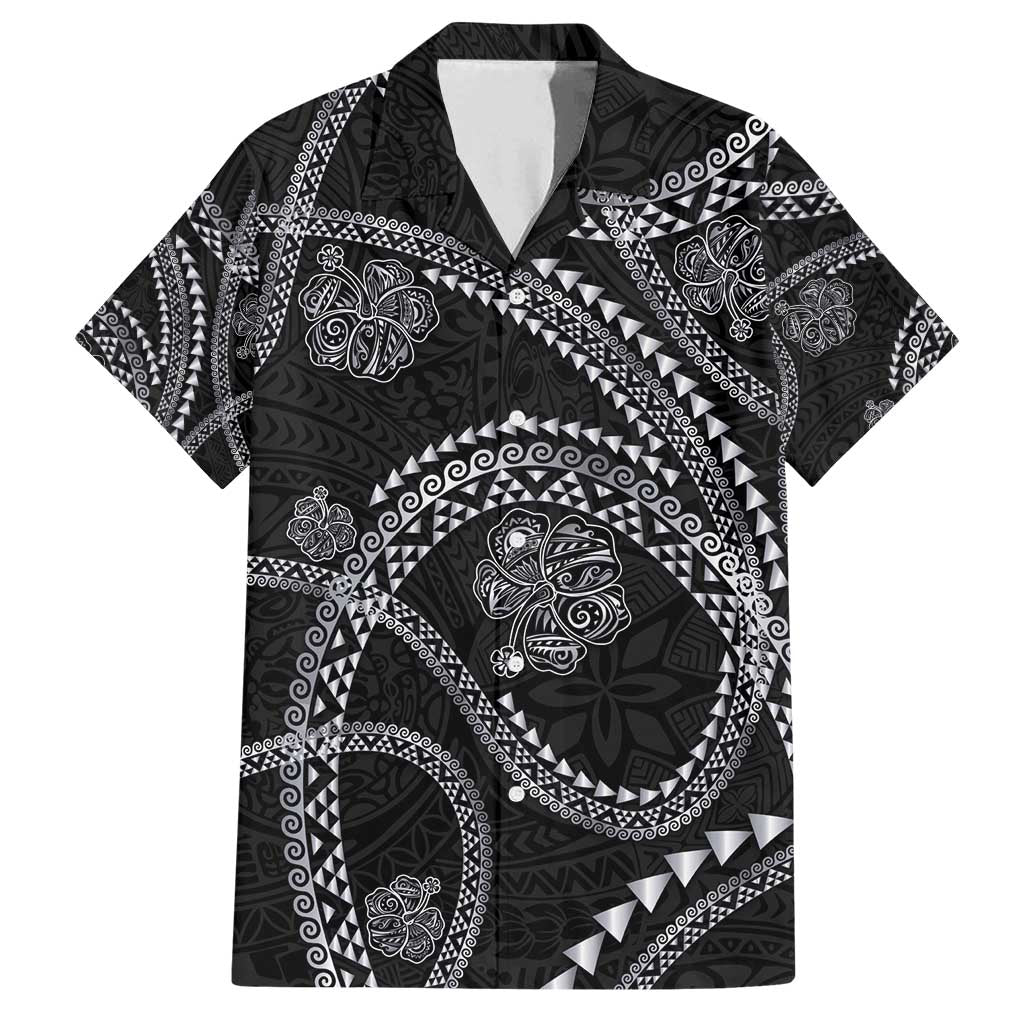 Hawaiian Kakau Art and Hisbiscus Tattoo Family Matching Off Shoulder Maxi Dress and Hawaiian Shirt Tribal Pattern-Silver Style LT03 Dad's Shirt - Short Sleeve Black - Polynesian Pride