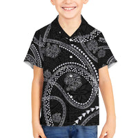 Hawaiian Kakau Art and Hisbiscus Tattoo Family Matching Off Shoulder Maxi Dress and Hawaiian Shirt Tribal Pattern-Silver Style LT03 Son's Shirt Black - Polynesian Pride