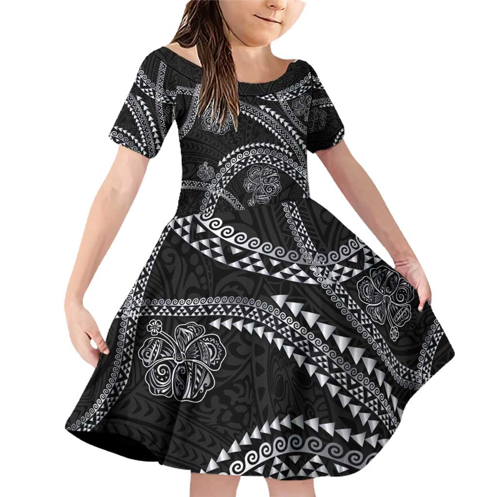 Hawaiian Kakau Art and Hisbiscus Tattoo Family Matching Off Shoulder Short Dress and Hawaiian Shirt Tribal Pattern-Silver Style LT03 Daughter's Dress Black - Polynesian Pride