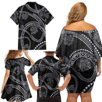 Hawaiian Kakau Art and Hisbiscus Tattoo Family Matching Off Shoulder Short Dress and Hawaiian Shirt Tribal Pattern-Silver Style LT03 - Polynesian Pride