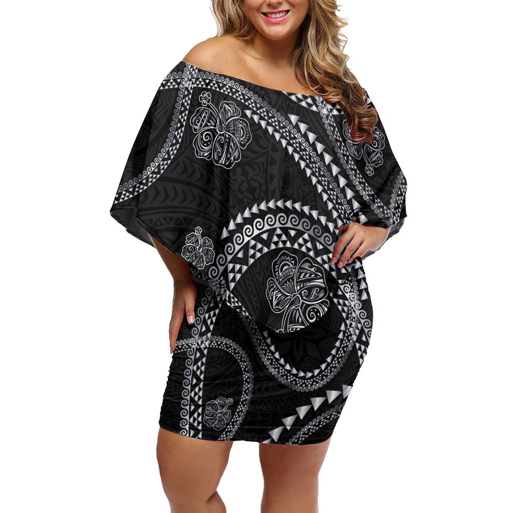 Hawaiian Kakau Art and Hisbiscus Tattoo Family Matching Off Shoulder Short Dress and Hawaiian Shirt Tribal Pattern-Silver Style LT03 Mom's Dress Black - Polynesian Pride