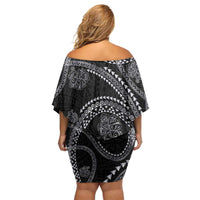 Hawaiian Kakau Art and Hisbiscus Tattoo Family Matching Off Shoulder Short Dress and Hawaiian Shirt Tribal Pattern-Silver Style LT03 - Polynesian Pride
