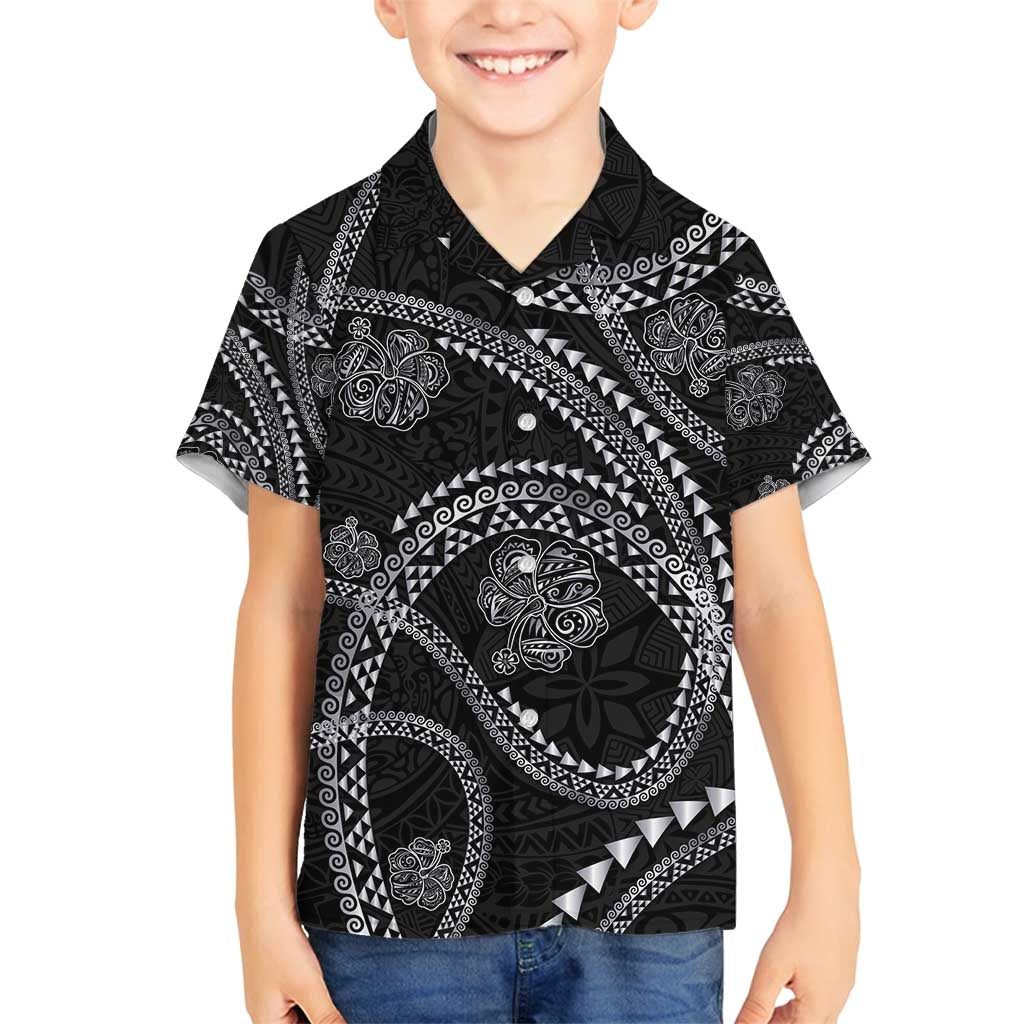 Hawaiian Kakau Art and Hisbiscus Tattoo Family Matching Off Shoulder Short Dress and Hawaiian Shirt Tribal Pattern-Silver Style LT03 Son's Shirt Black - Polynesian Pride