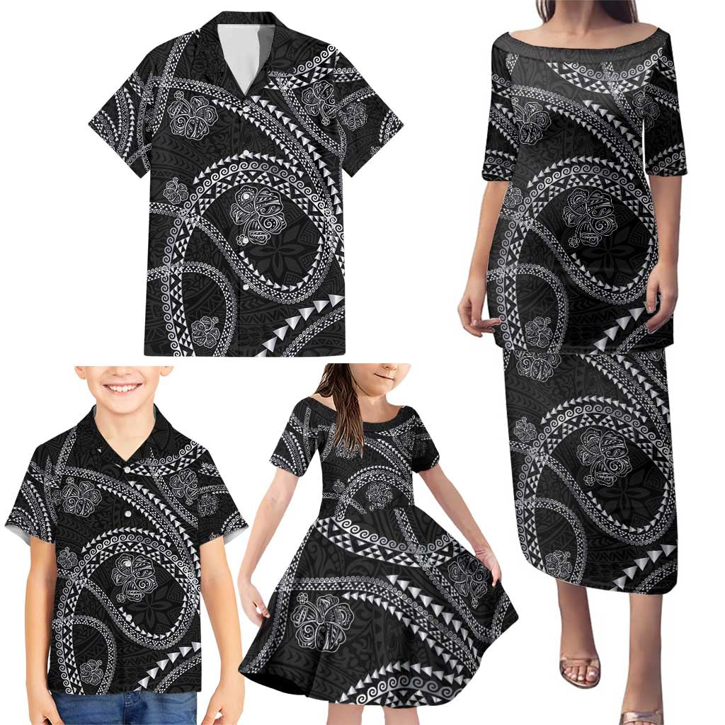 Hawaiian Kakau Art and Hisbiscus Tattoo Family Matching Puletasi and Hawaiian Shirt Tribal Pattern-Silver Style LT03 - Polynesian Pride