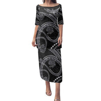 Hawaiian Kakau Art and Hisbiscus Tattoo Family Matching Puletasi and Hawaiian Shirt Tribal Pattern-Silver Style LT03 Mom's Dress Black - Polynesian Pride
