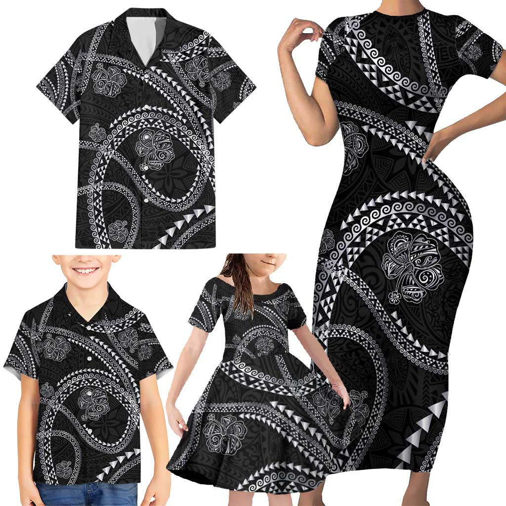 Hawaiian Kakau Art and Hisbiscus Tattoo Family Matching Short Sleeve Bodycon Dress and Hawaiian Shirt Tribal Pattern-Silver Style LT03 - Polynesian Pride