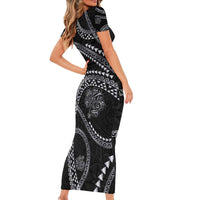 Hawaiian Kakau Art and Hisbiscus Tattoo Family Matching Short Sleeve Bodycon Dress and Hawaiian Shirt Tribal Pattern-Silver Style LT03 - Polynesian Pride